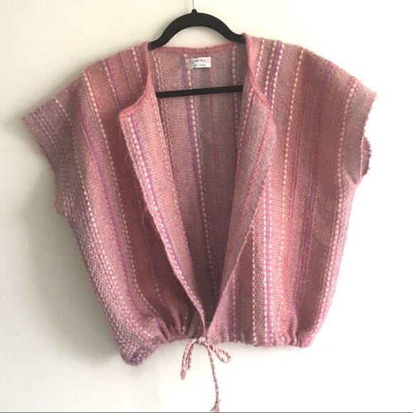 HAND KNIT Boho Sleeveless Cardigan Sweater Tie Waist Pink Purple One Size - Picture 3 of 11